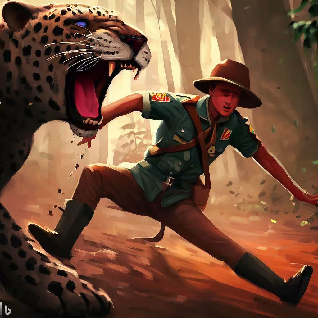 A imagem mostra um menino vestido com um uniforme verde e um lenço vermelho, correndo em pânico de um grande felino feroz. Ele está em uma floresta tropical, com árvores, flores e animais exóticos. A onça é uma espécie de jaguar que vive na América do Sul e tem manchas pretas no pelo amarelo. Ela é considerada o maior predador do continente e pode pesar até 160 kg. A imagem tem um estilo de quadrinhos, com cores vibrantes e linhas expressivas.
