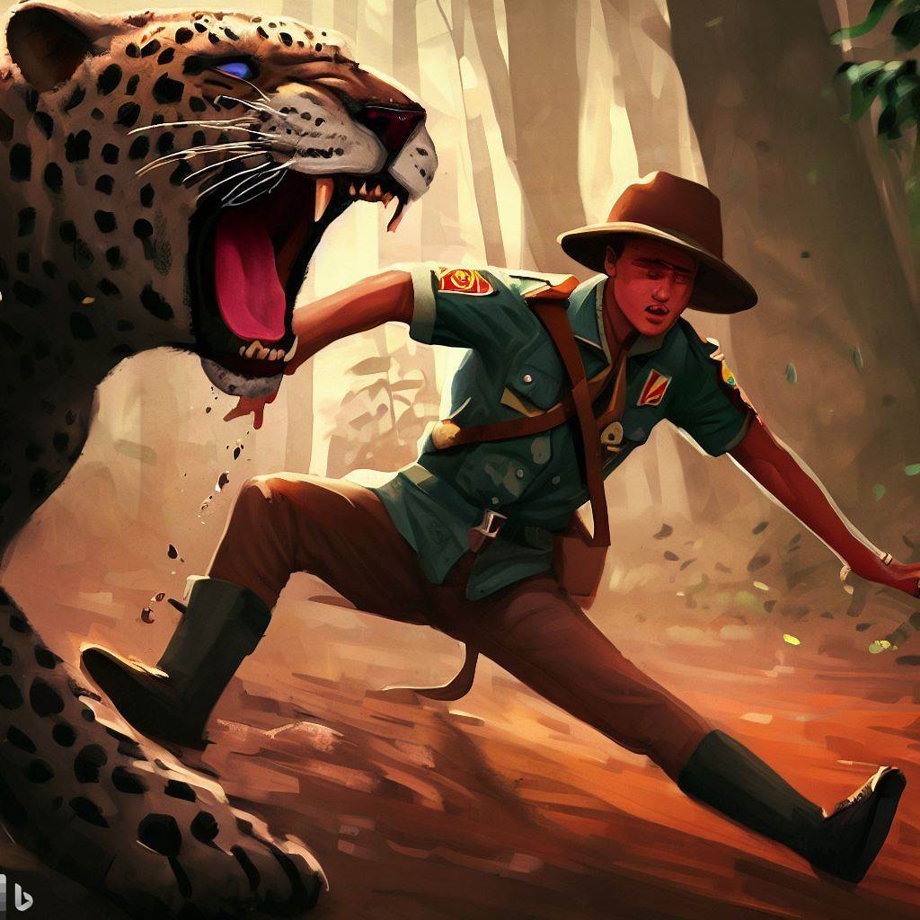 A imagem mostra um menino vestido com um uniforme verde e um lenço vermelho, correndo em pânico de um grande felino feroz. Ele está em uma floresta tropical, com árvores, flores e animais exóticos. A onça é uma espécie de jaguar que vive na América do Sul e tem manchas pretas no pelo amarelo. Ela é considerada o maior predador do continente e pode pesar até 160 kg. A imagem tem um estilo de quadrinhos, com cores vibrantes e linhas expressivas.