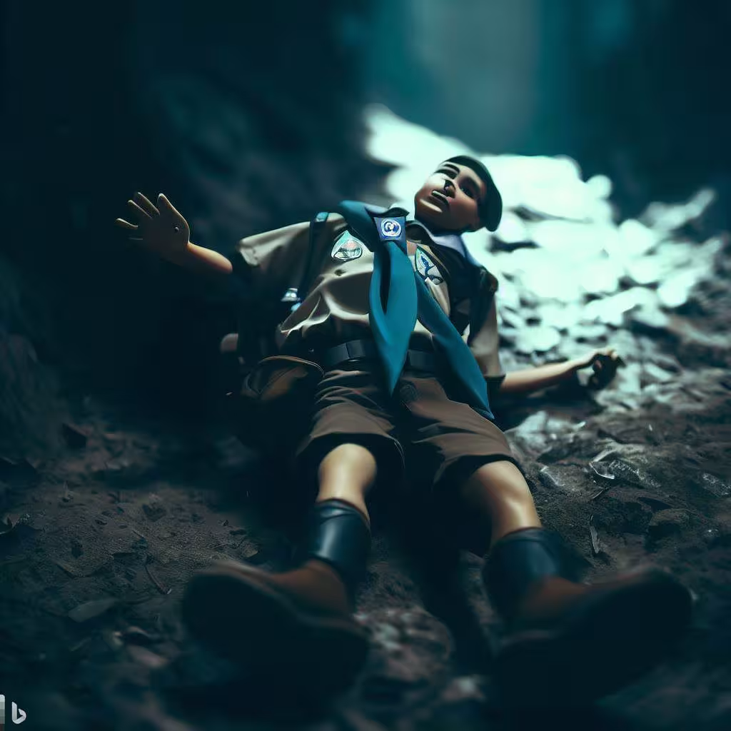 A imagem mostra um menino vestido com um uniforme verde e um lenço vermelho, deitado de costas em uma vala profunda e escura. Ele está ferido e sangrando, com um olhar de dor e medo. Ele segura um apito na boca, tentando pedir ajuda. Ao redor dele, há pedras, galhos, folhas e insetos. A imagem tem um estilo dramático e realista, com cores escuras e texturas ásperas.