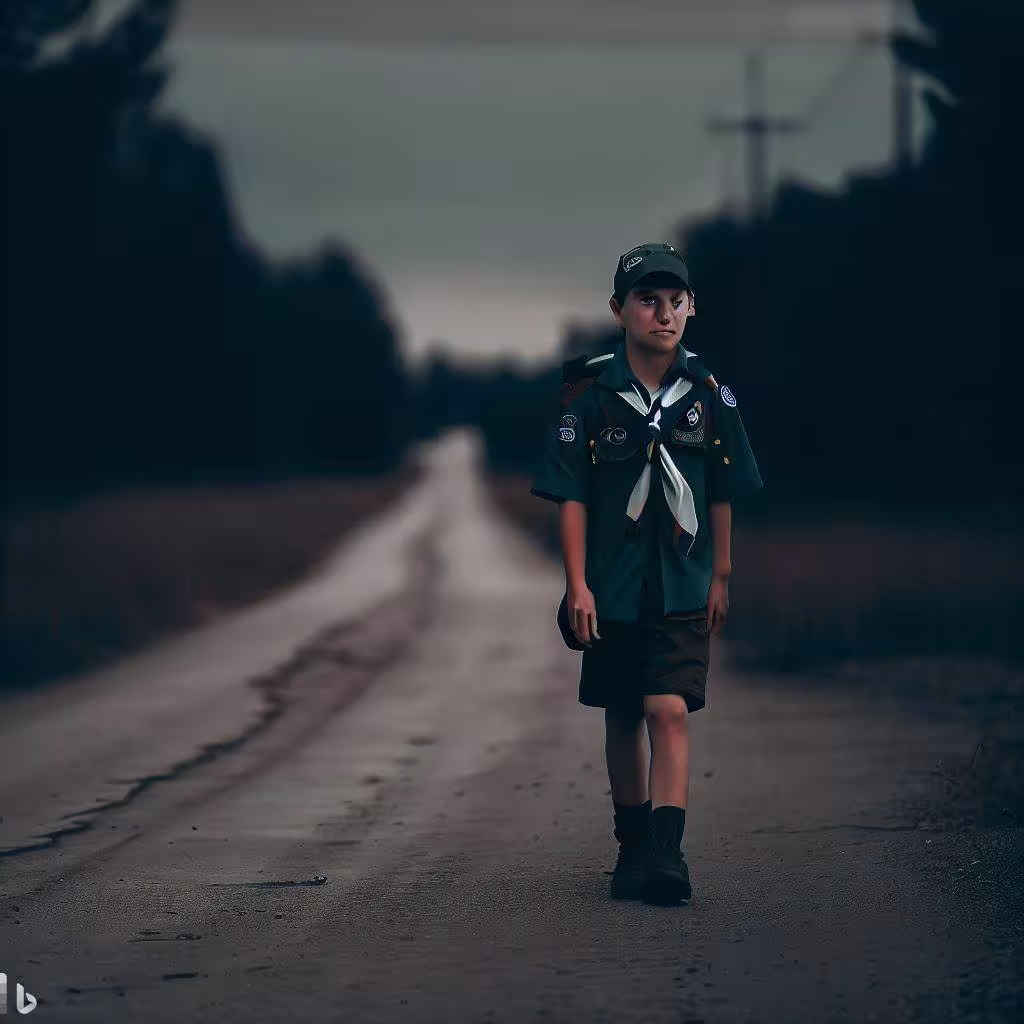 A imagem mostra um menino vestido com um uniforme verde e um lenço vermelho, andando sozinho por uma estrada de terra que se estende até o horizonte. Ele está com a cabeça baixa e os ombros caídos, como se estivesse desanimado e cansado. Ele carrega uma mochila nas costas e um bastão na mão, mas não parece ter nenhum destino ou propósito.