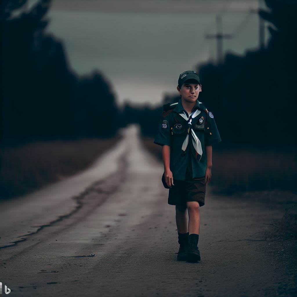 A imagem mostra um menino vestido com um uniforme verde e um lenço vermelho, andando sozinho por uma estrada de terra que se estende até o horizonte. Ele está com a cabeça baixa e os ombros caídos, como se estivesse desanimado e cansado. Ele carrega uma mochila nas costas e um bastão na mão, mas não parece ter nenhum destino ou propósito.