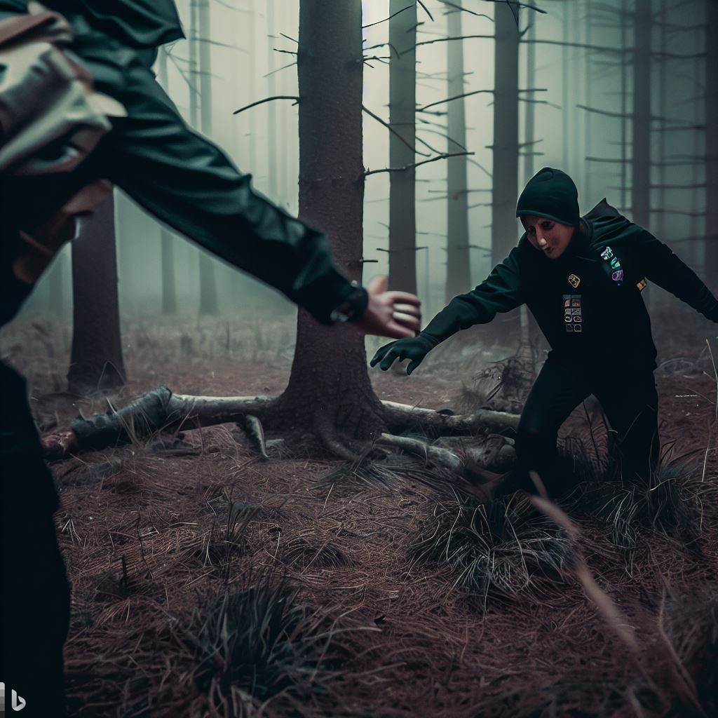 A imagem mostra um menino vestido com um uniforme verde e um lenço vermelho, lutando contra um homem que usa uma roupa preta, uma máscara e uma faca. Eles estão em uma floresta de pinheiros, com neve no chão e no ar. O escoteiro tenta se defender com um galho, mas parece estar em desvantagem. A imagem tem um estilo de ação e suspense, com cores contrastantes e movimento dinâmico.