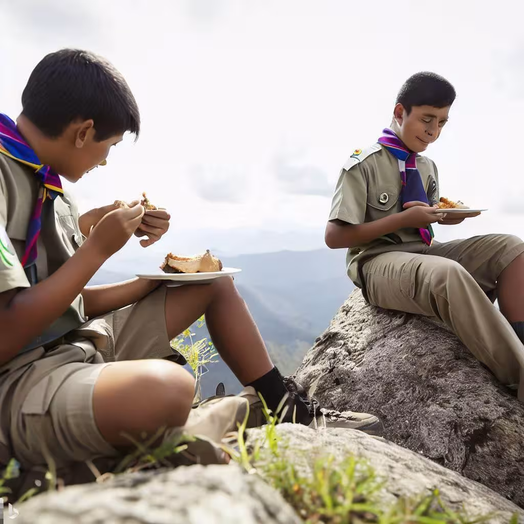 A imagem mostra um grupo de quatro meninos e duas meninas, vestidos com uniformes verdes e lenços coloridos, sentados em uma pedra grande e plana, com uma vista panorâmica de uma cadeia de montanhas nevadas. Eles estão compartilhando um piquenique, com sanduíches, frutas, sucos e biscoitos. Eles parecem felizes e satisfeitos, conversando e rindo entre si. A imagem tem um estilo de ilustração, com cores vivas e traços delicados.