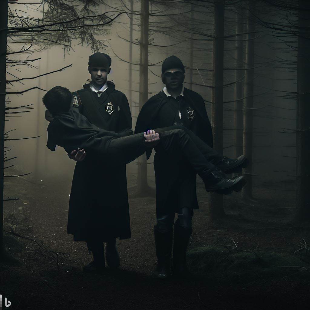  A imagem mostra um menino vestido com um uniforme verde e um lenço vermelho, inconsciente nos braços de um homem que usa uma roupa preta, um capuz e uma bota. Eles estão em uma floresta densa e sombria, com árvores altas e retorcidas, galhos secos e folhas caídas. O homem parece estar fugindo de algo ou alguém, pois ele olha para trás com uma expressão de medo e tensão. A imagem tem um estilo de terror, com cores frias e contrastantes, efeitos de névoa e sangue, e uma atmosfera de mistério e perigo. 