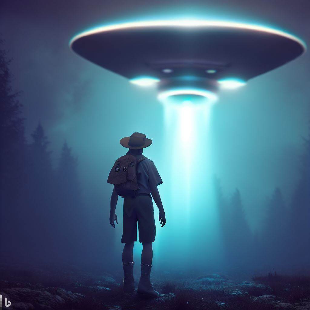 imagem de um escoteiro sendo abduzido por um disco voador para você. A imagem mostra um menino vestido com um uniforme verde e um lenço vermelho, levantando os braços em sinal de rendição.